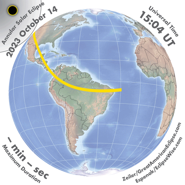 Animation of a black dot in a large gray circle, moving along a yellow line crossing the Americas.