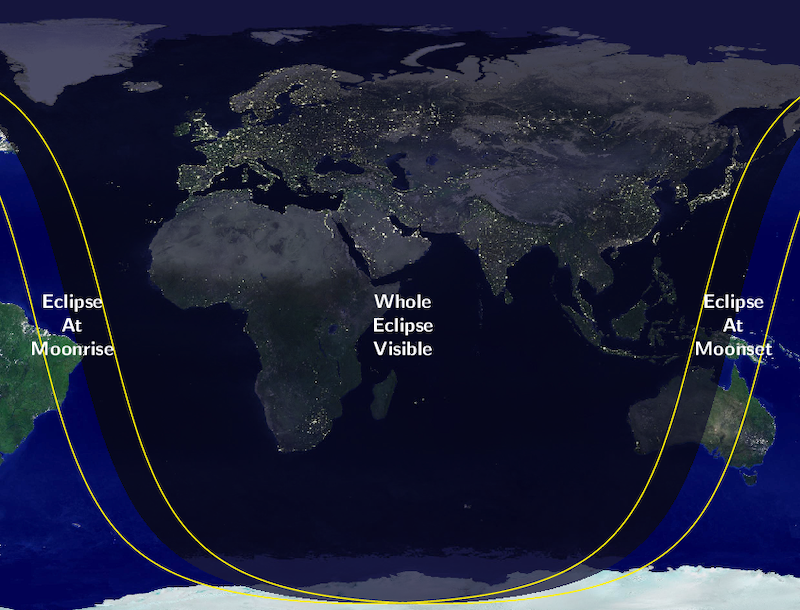Map showing areas of visibility of partial lunar eclipse.