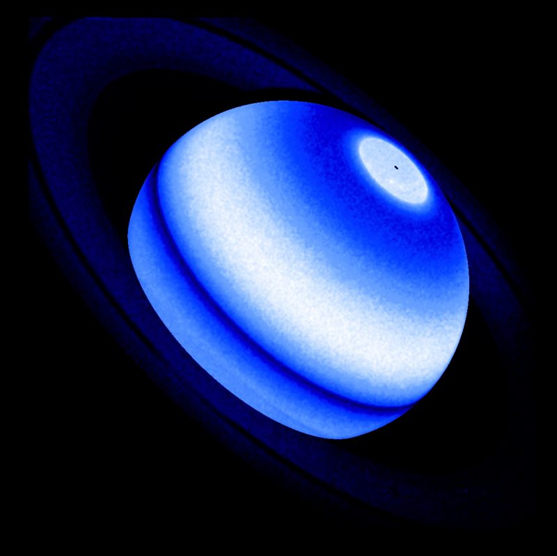 Rain from Saturn's rings: A sphere with blue shaded stripes, one wide white one, and a faint ring.