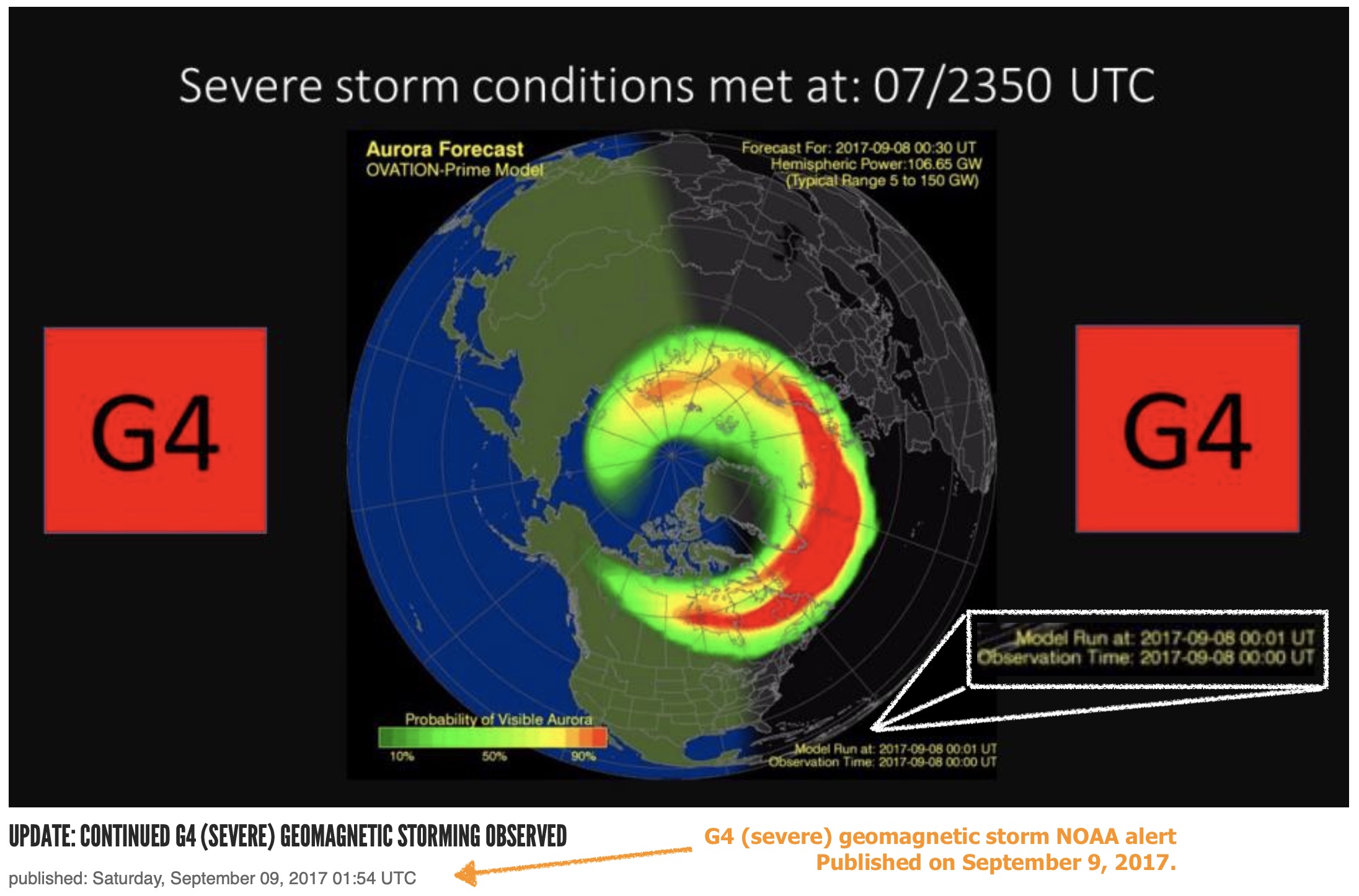 September 9, 2017 NOAA alert for a G4 geomagnetic storm.
