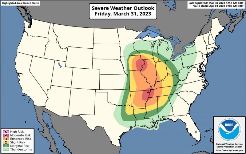 Severe weather outbreak: Map of US with two red circles one northern Midwest and one southern Midwest.