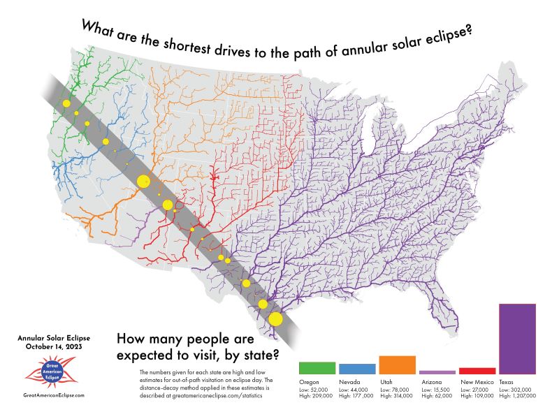 Map of the U.S. with hundreds of roads in color showing quickest route to the annular solar eclipse.