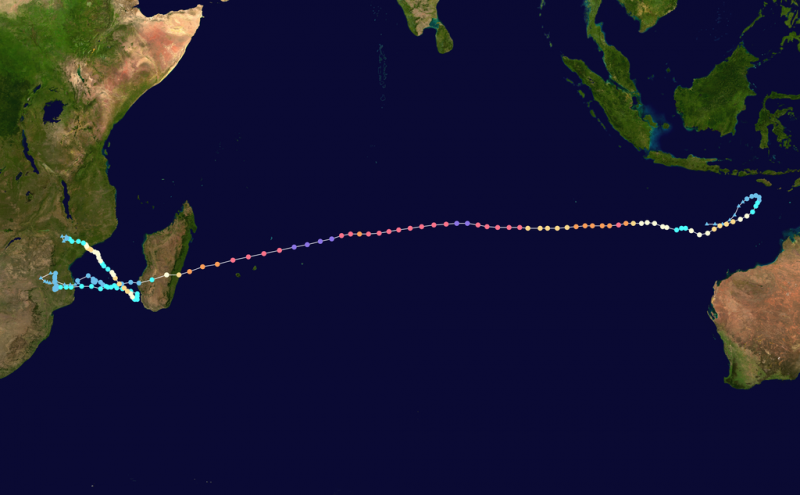 Track with colored dots showing path from eastern Indian Ocean to land in Africa.