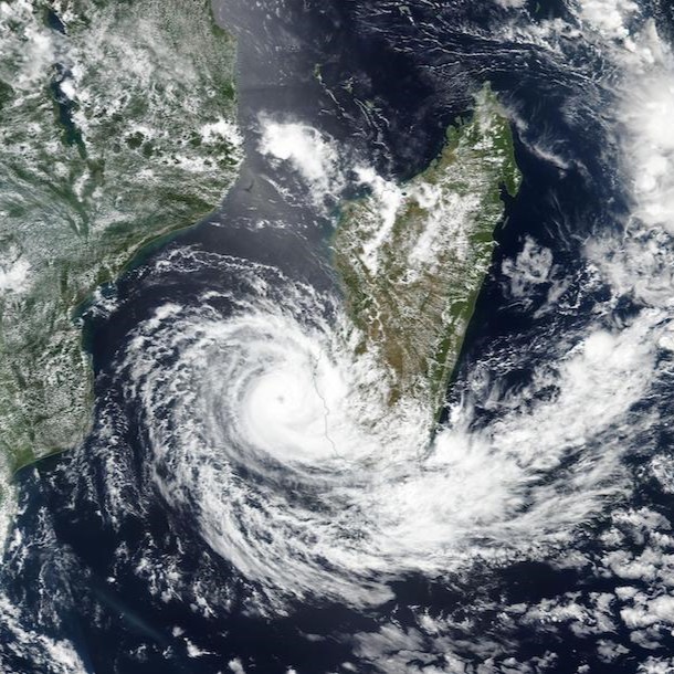 Tropical Cyclone Freddy seen as a white whirl of clouds over the island of Madagascar.