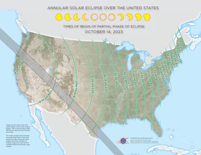 Map of the U.S. with gray line for path of eclipse and curved lines crossing it annotated with times.
