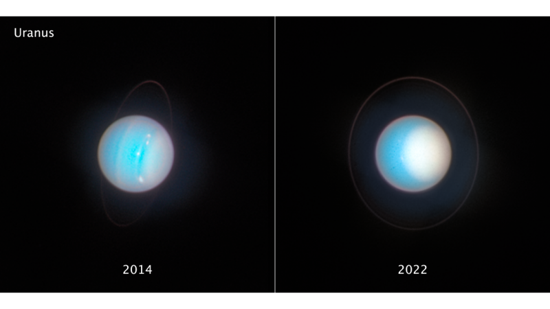 Side by side images of glowing greenish blue spheres with different patterns of blue on them.
