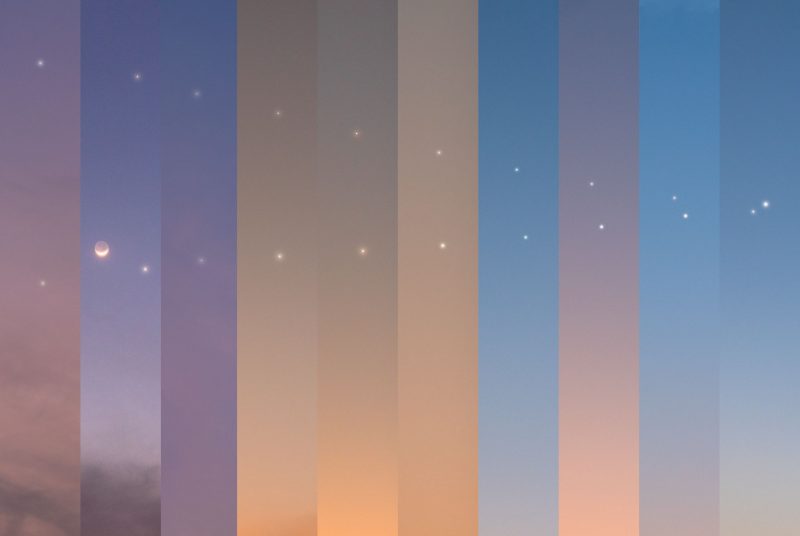 Ten vertical panels showing the daily positions of Venus and Jupiter closer and closer each day.