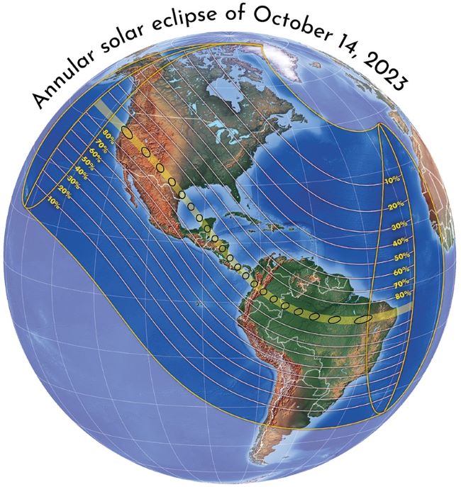 Map of Western Hemisphere showing path of eclipse plus many parallel lines indicating percentage of totality.