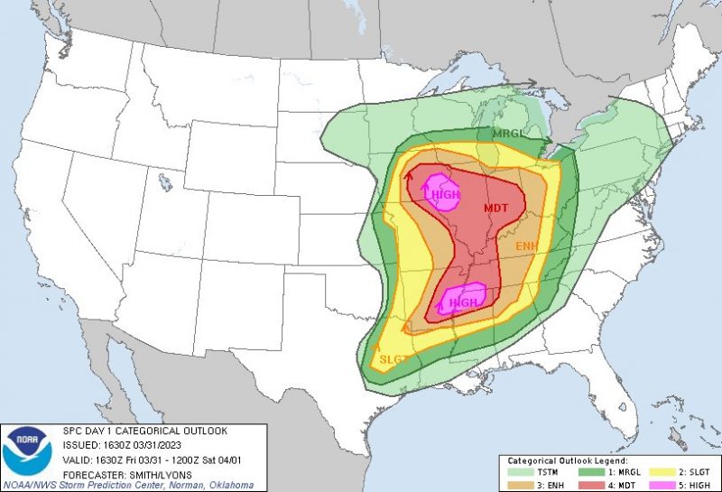 Map of US with some areas in pink indicating high risk of severe weather.
