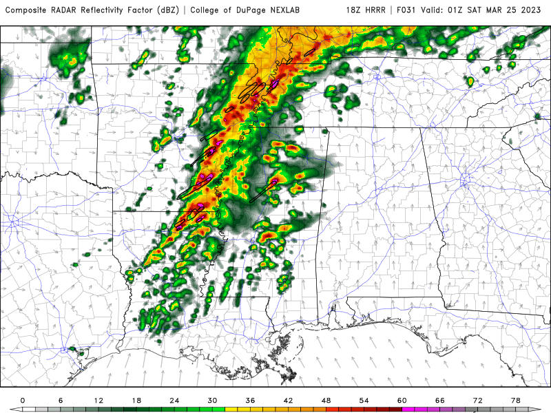 Map of American south with storms on simulated radar over Louisiana stretching north past Memphis.