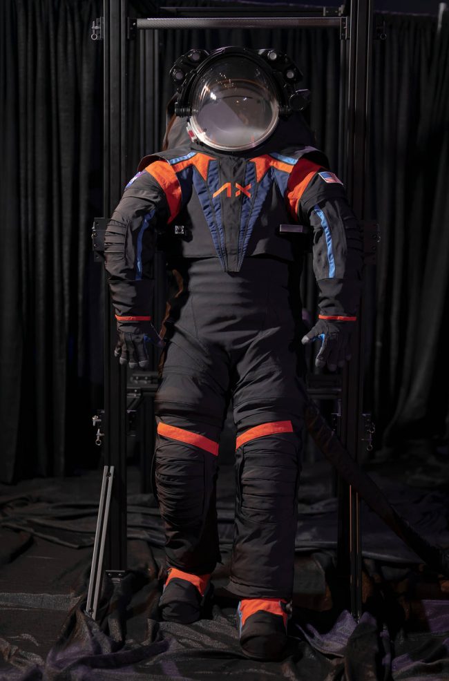 New NASA moon suit: Dark-colored space suit, upright, with no one inside.