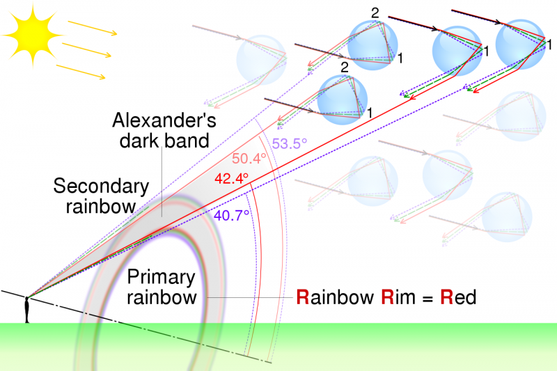 Angles of light coming toward an observer from a rainbow.