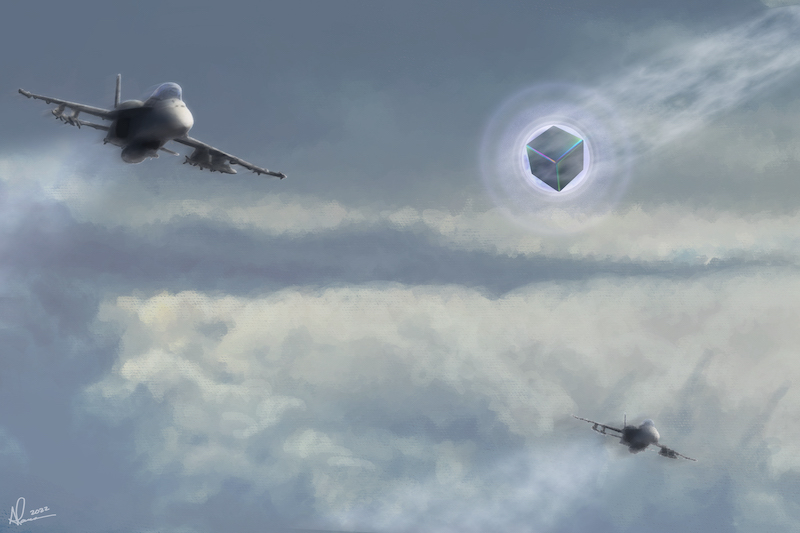 UFOs: A transparent sphere-shaped object with a dark cube inside it, between 2 fighter jets.