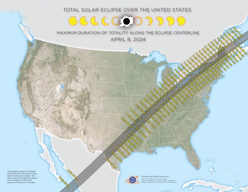 Map of the U.S. showing path of totality and times in minutes and seconds for locations along the path.