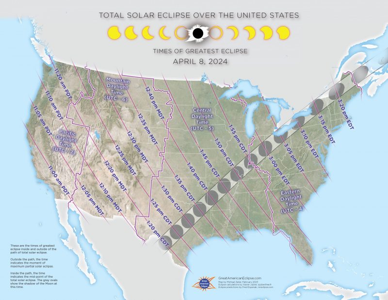 Map of U.S. with path of total eclipse and lines crossing it labeled with times of greatest eclipse.