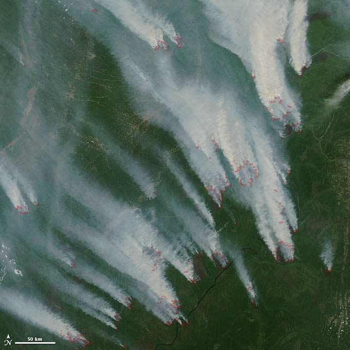 Streaks of smoke seen from satellite over a green landscape.