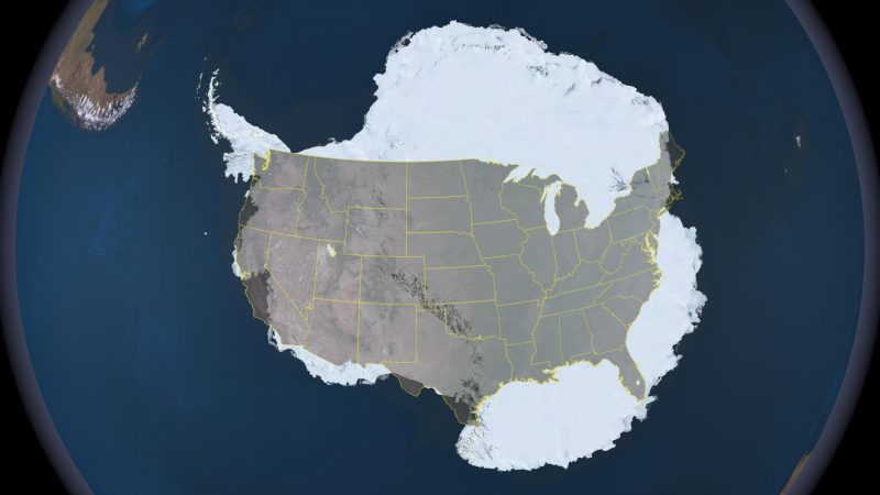 Satellite image of Antarctica with the U.S. superimposed on top.