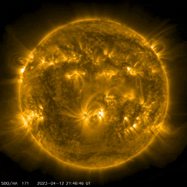 Animation of the whole sun in golden-orange, with bright arcing protrusions