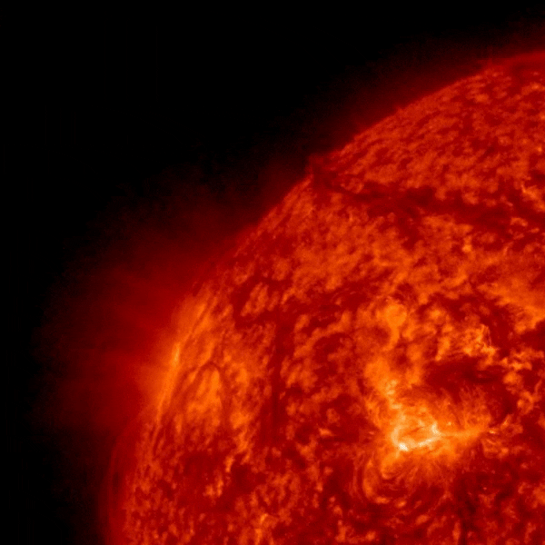 Sun activity showing an animation of an orange sun with one side having a tendril extending into space.