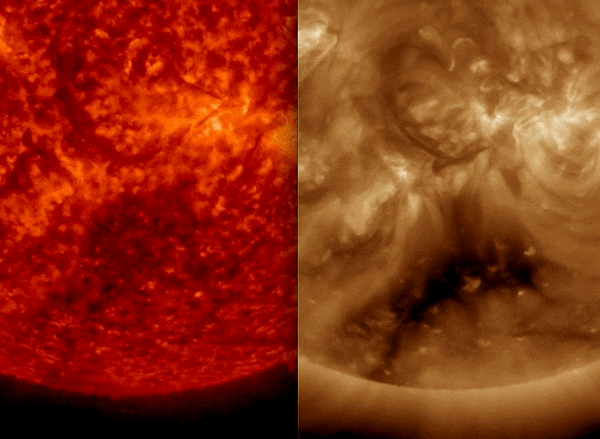 April 22, 2023, sun activity: Two images of the sun showing a flare coming out of it.