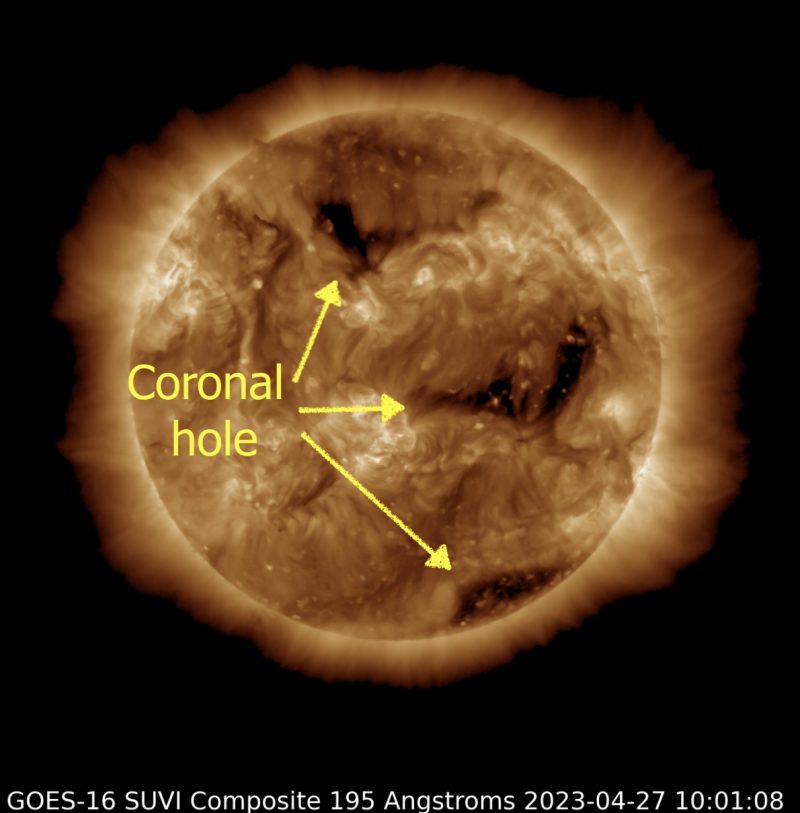April 27, 2023 Sun activity shows three coronal holes.