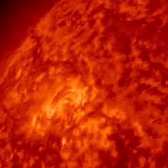 April 28, 2023, sun activity: Red sphere with a very bright area in the middle that is firing a flare.