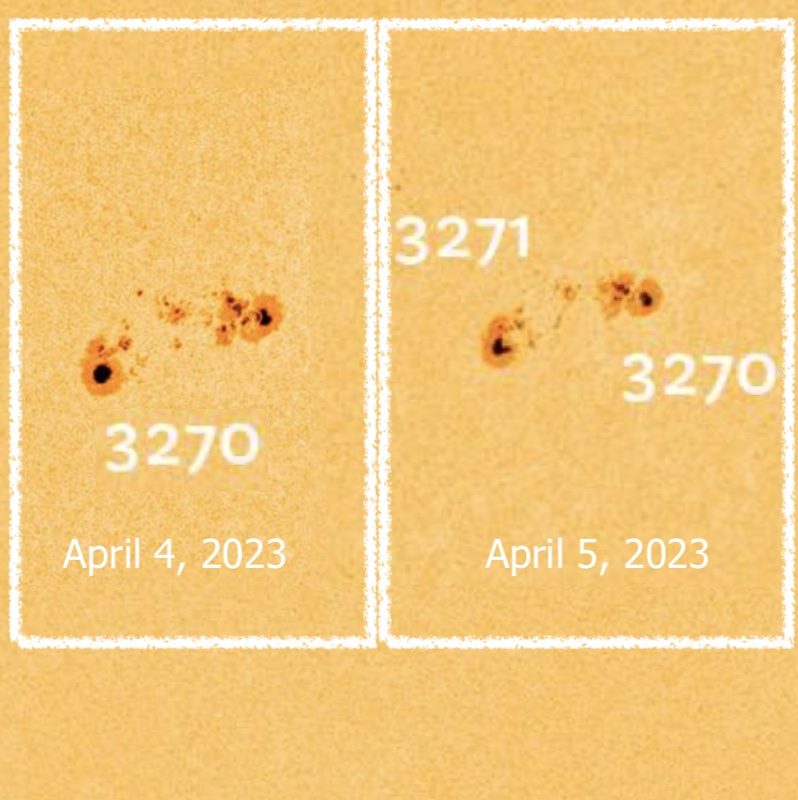 Active region AR3270 on April 4 pictured alongside active regions 3270 and 3271 on April 5.