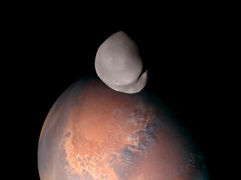 Deimos image: A gray moon that looks a bit like a peach hovering above the reddish surface of Mars.