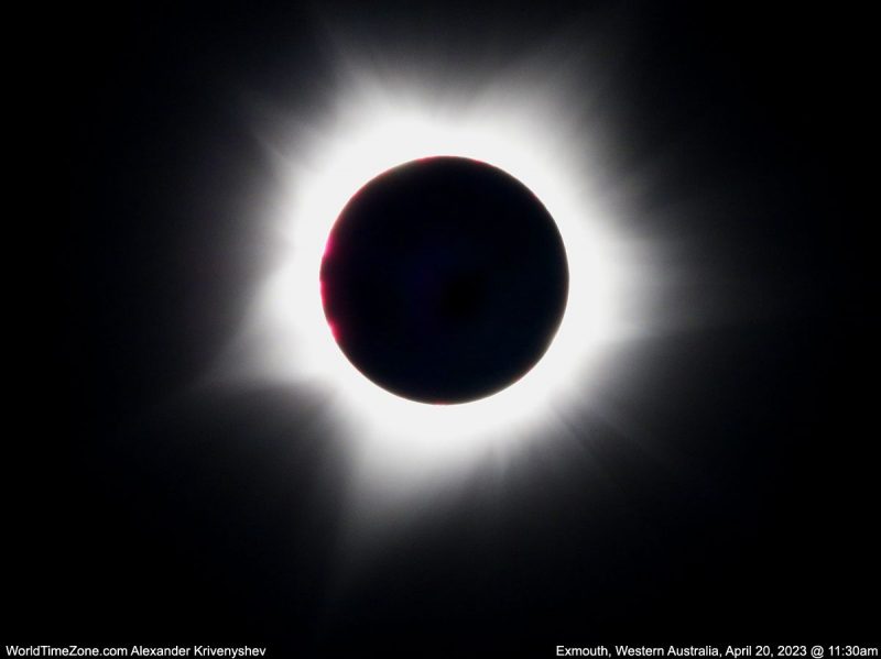 Hybrid solar eclipse photos: Black disc of the moon with a bright light protruding around as it fully eclipses the sun.