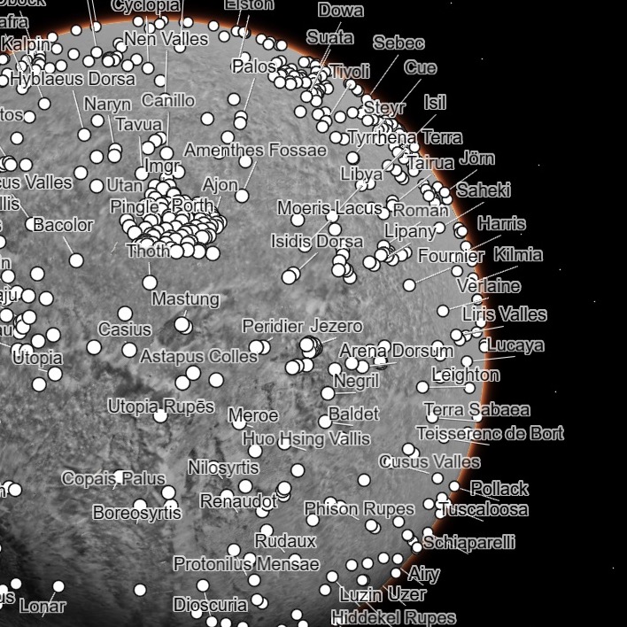 Gray orb labeled with dozens of place names on Mars' surface.