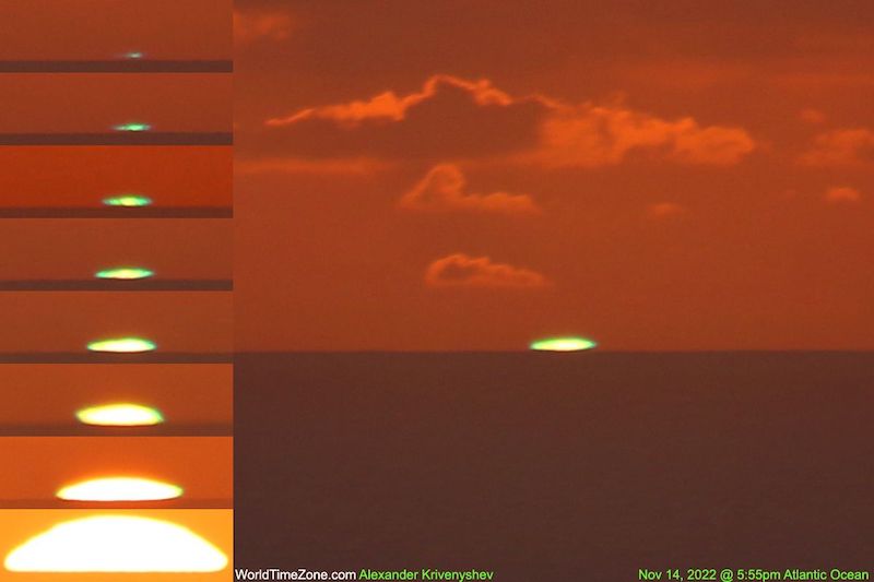 Green flash off the setting sun over the ocean and a composite panel on the left of progressing green flash.