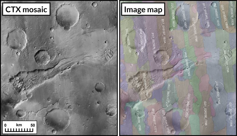Side by side image of same cratered surface, right side with labels.