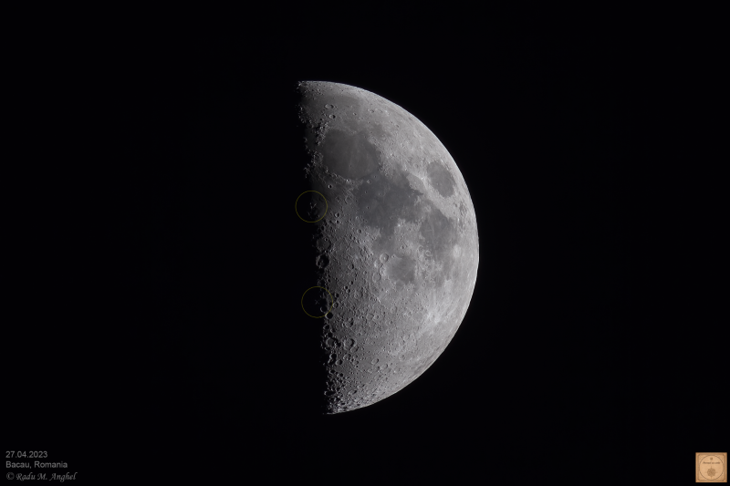 Half-lit moon with letters X and V in craters indicated.