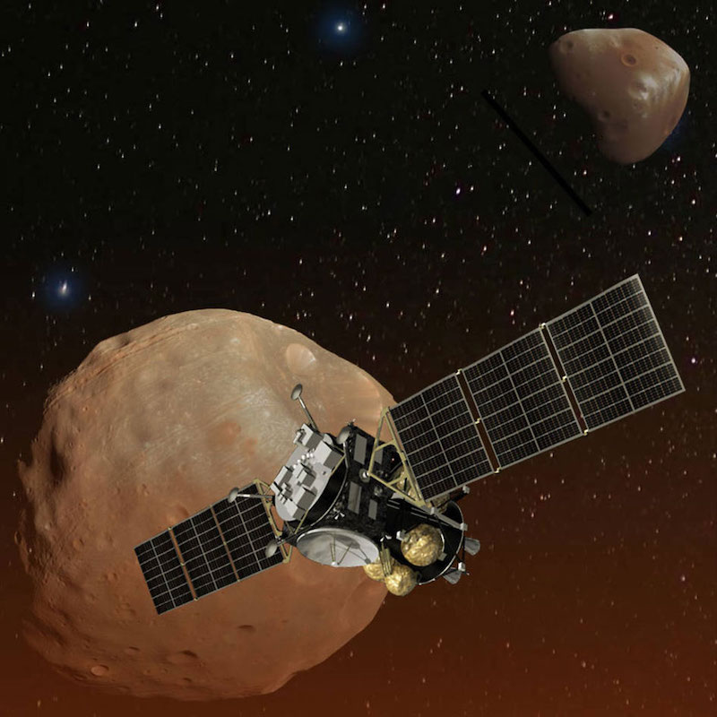 Mars' moons mission: Spacecraft with 2 solar arrays near 2 small rocky moons.