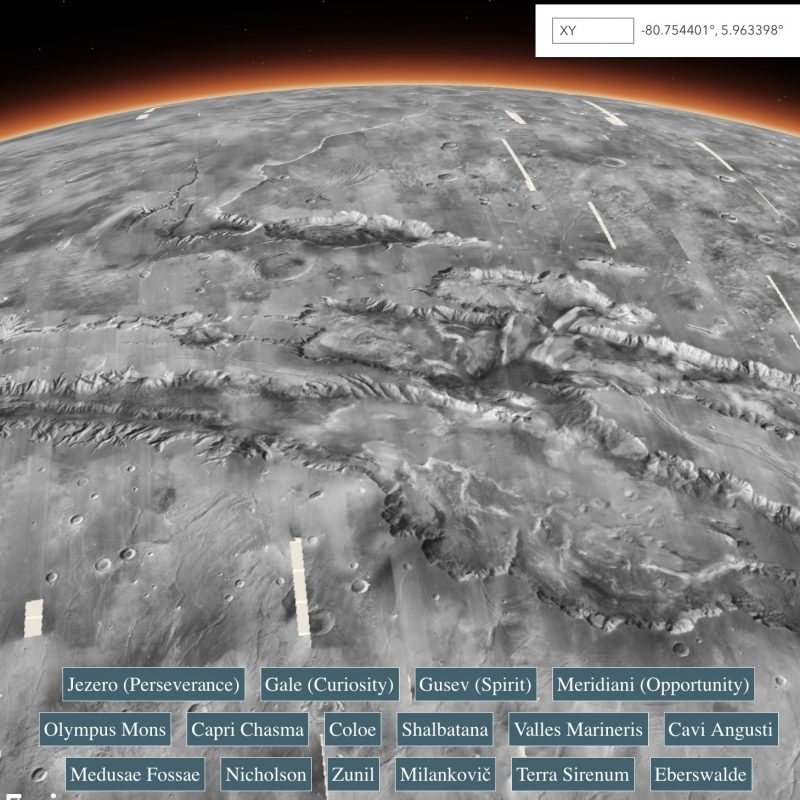 Mars' map with 16 description boxes at bottom filled with names of Mars' locations and spacecraft names.