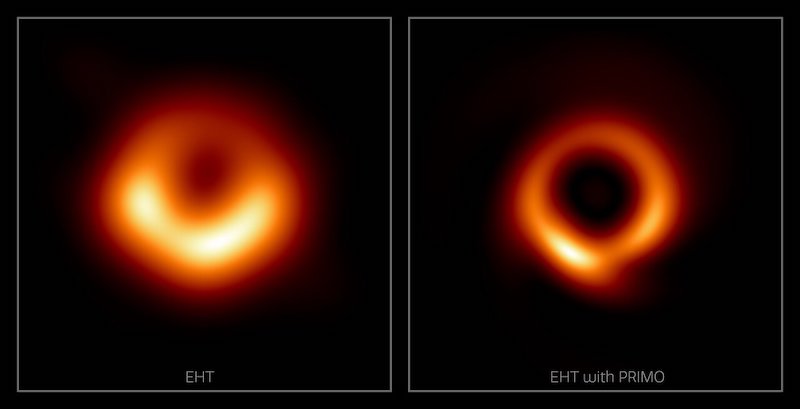 Image of black hole: Round reddish shape like a glowing donut on left and similar but thinner reddish ring on right, on black background.