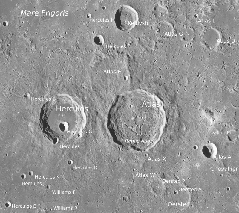 1st private moon lander: Gray cratered surface of the moon with a closeup on just a handful of craters with labels.