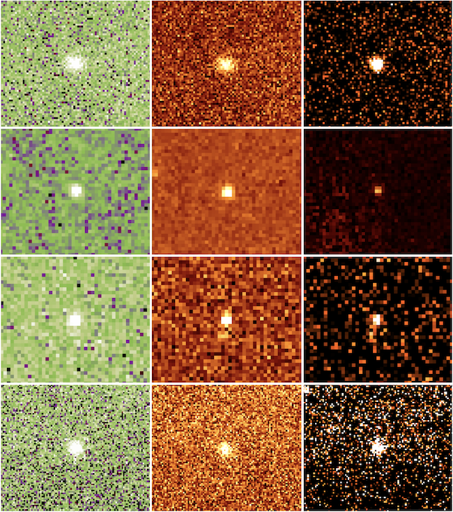 12 squares with bright spot in center of each, with noisy pixelated background.