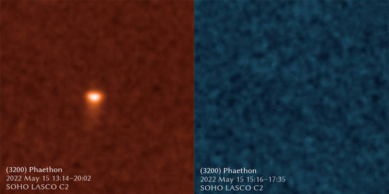 Two panels. Left shows bright spot with short tail. Right is blue background only.