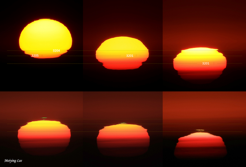 Composite of 6 images of setting sun, distorted and 3 showing the green flash.