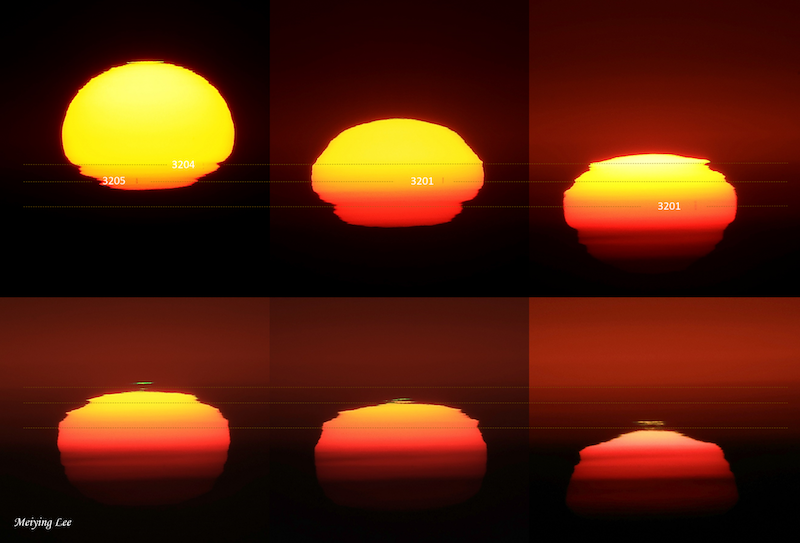 Composite of six images of setting sun, distorted and three showing the green flash.