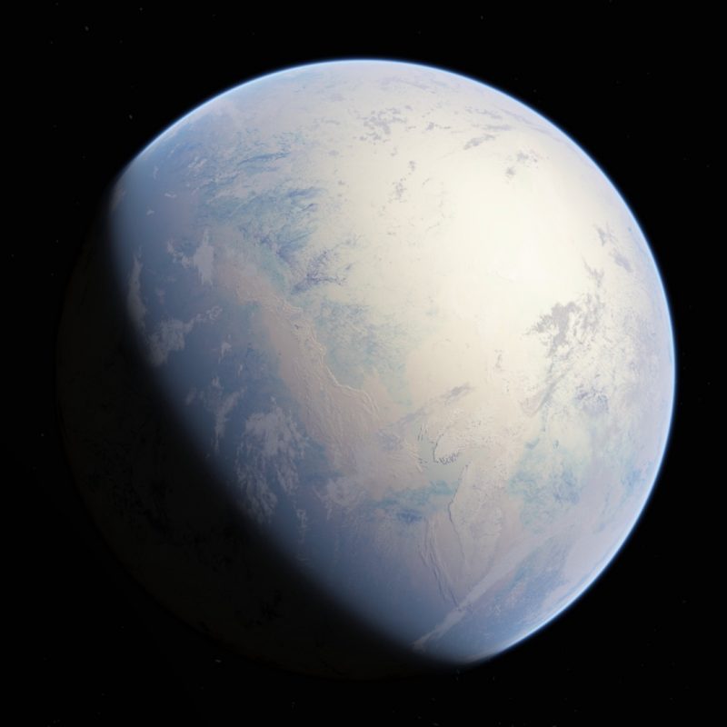 Snowball Earth: Planet completely covered by blue-white ice with some whiter clouds.