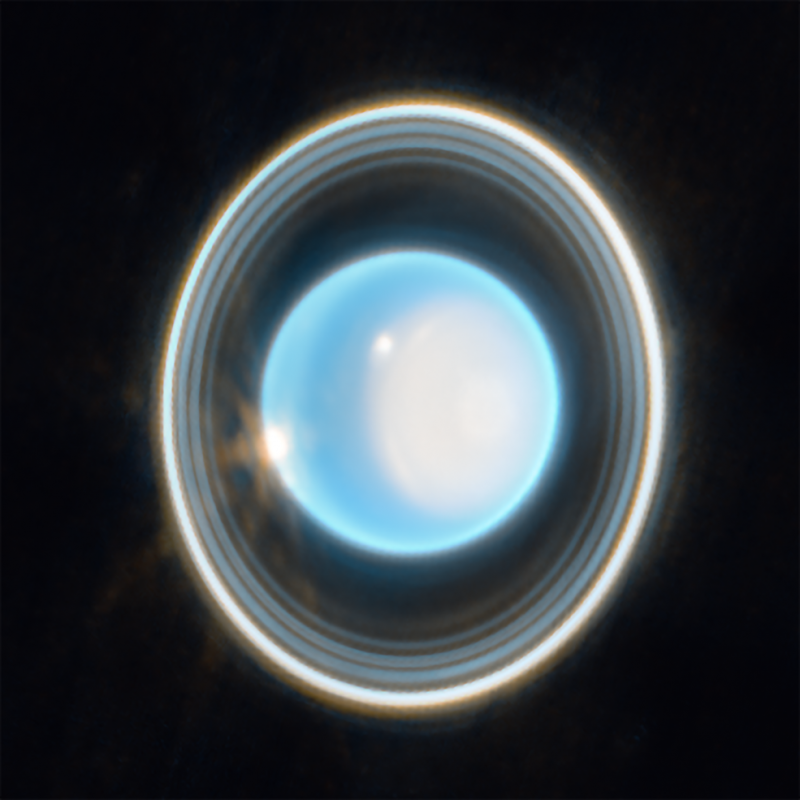 Seasons of Uranus: A light-blue shaded sphere with bright spot on it, plus white concentric rings around it.