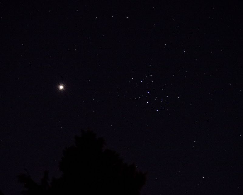 Why is Venus so bright? Bright dot in dark sky with scattered stars including group of stars to right.