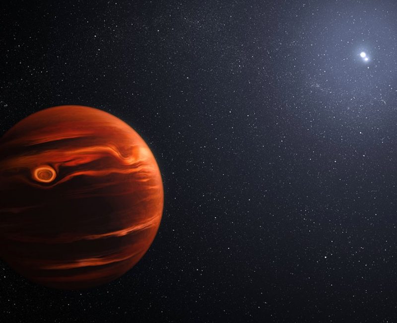 Giant exoplanet: Planet with reddish and yellowish streaks in its atmosphere, and 2 bright stars close together in the distance.