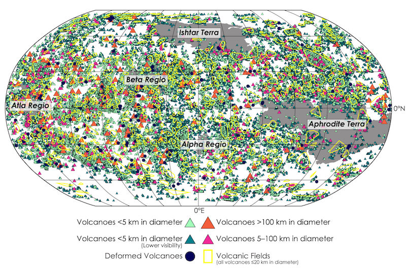Volcanoes on Venus: Map with thousands of tiny triangles of different colors, with text annotations.