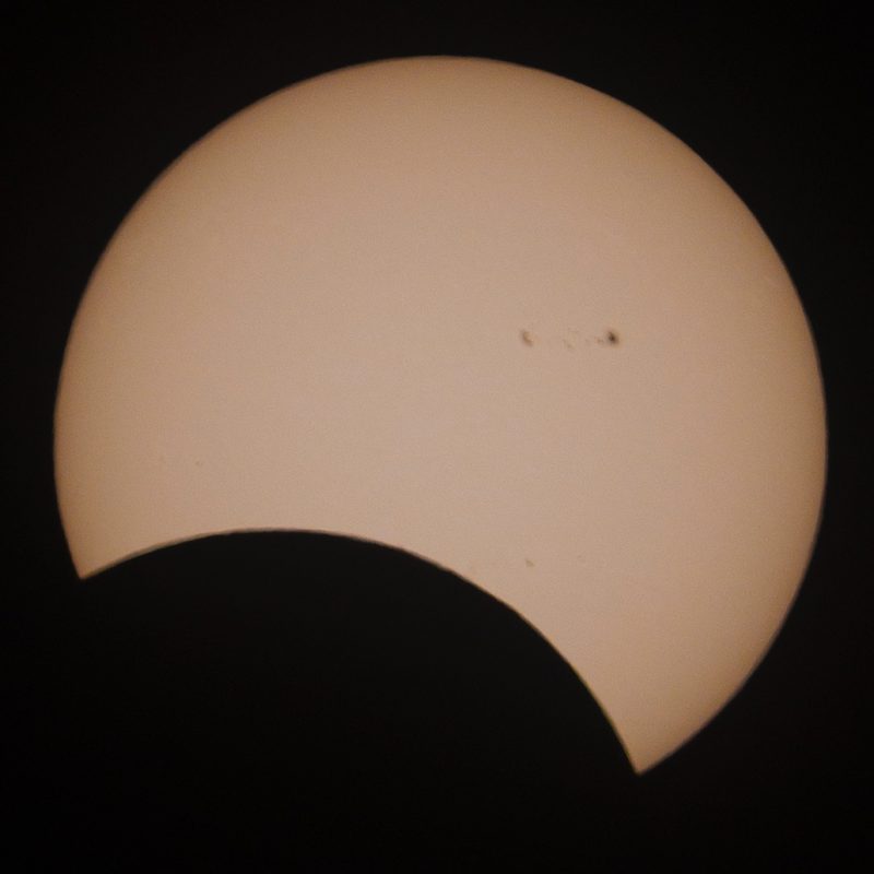 Pale disk of the sun with a pair of dark sunspots, and a black disk of the moon obscuring its lower left corner.