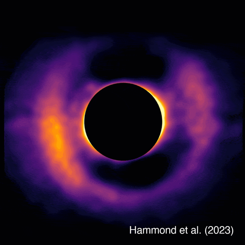 Animation of labeled bright spot slowly moving partway around a large solid black circle.