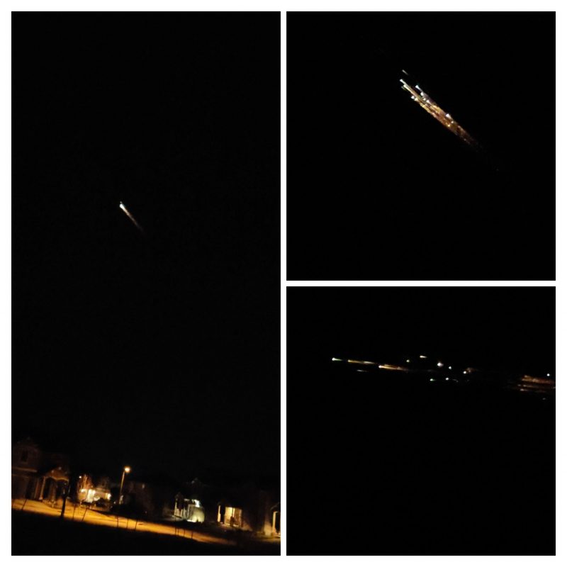 SpaceX debris: Three images of groups of small white blobs with streaks in a dark sky.
