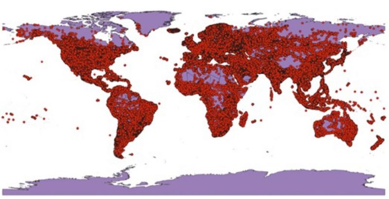 Map of the world with red dots nearly covering every continent with some gaps around the poles and Sahara Desert.